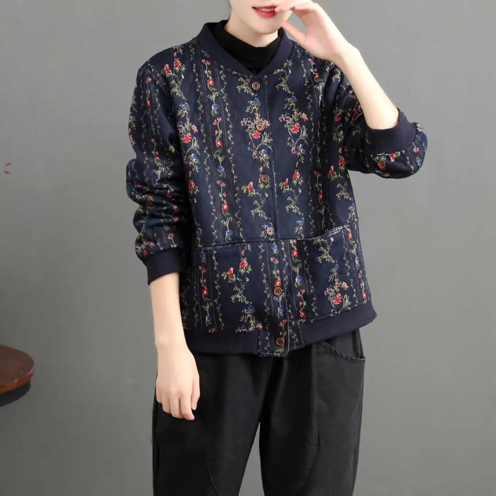 

Retro Cotton And Linen Floral Short Coat Lady Spring Autumn Ethnic Style Stand Collar Loose Casual Jacket Baseball Uniform Y497