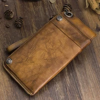 retro fashion designer natural genuine leather men large capacity long wallet first layer cowhide ladies mobile phone coin purse