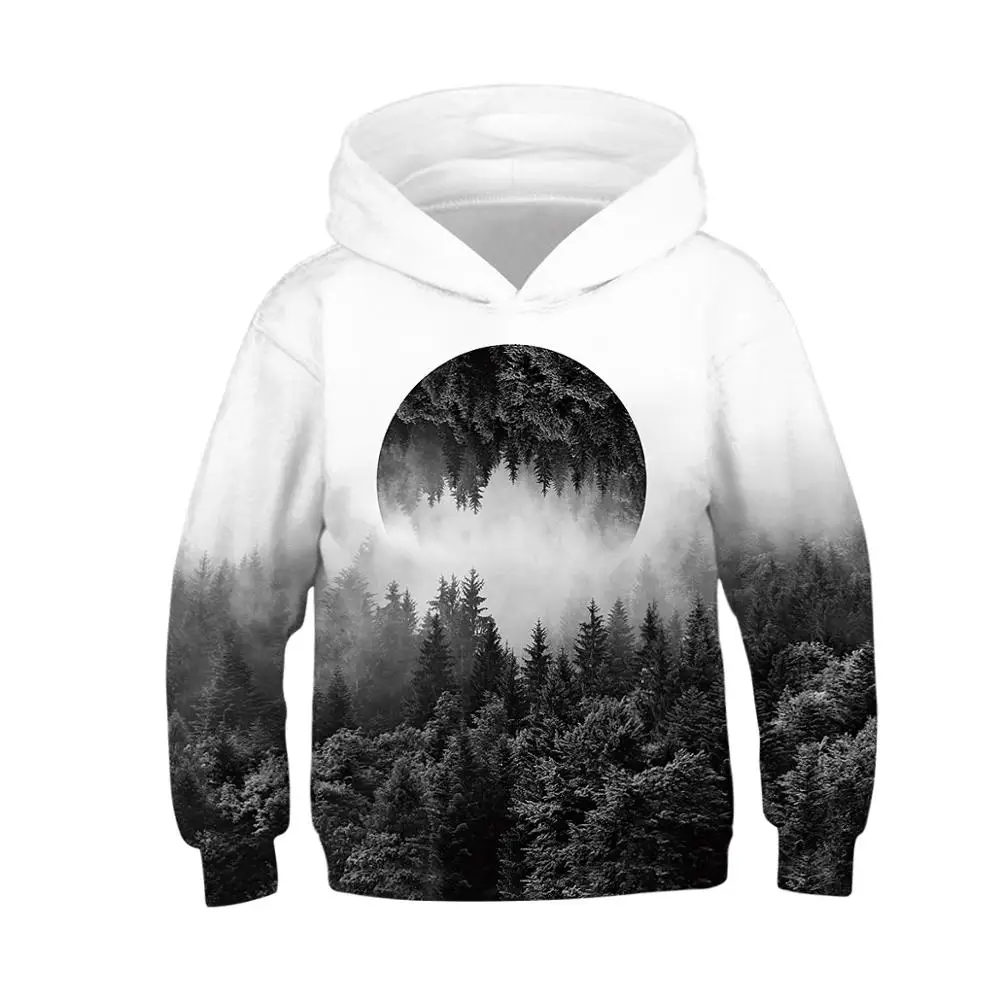 Черно белые толстовки с 3D принтом леса для мальчиков и девочек подростков