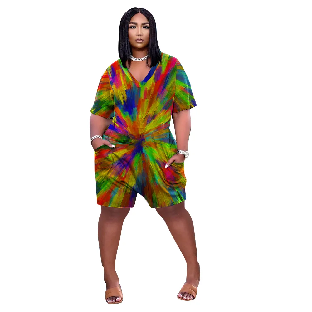 

2021 Wholesale Plus Size Clothing L-4XL Casual Loose Women Jumpsuits Outfits Summer Short Sleeve Biker Shorts With Pocket