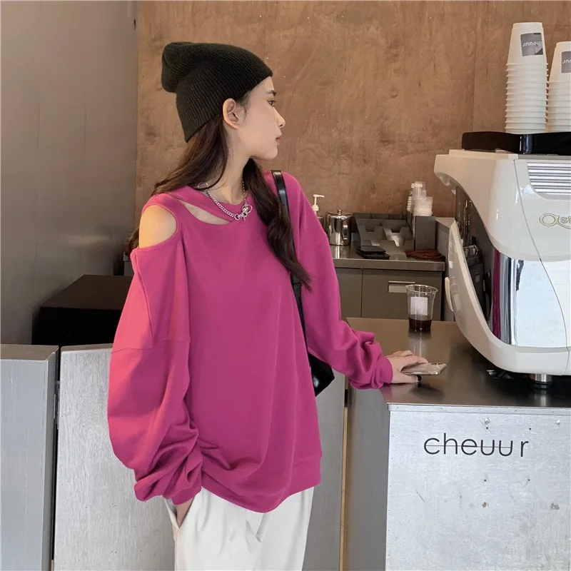 

Ins Loose Hollow Out Hoodies Women Spring Autumn Korean Fashion Oversize Tops Off Shoulder Casual Style Sweatshirts New
