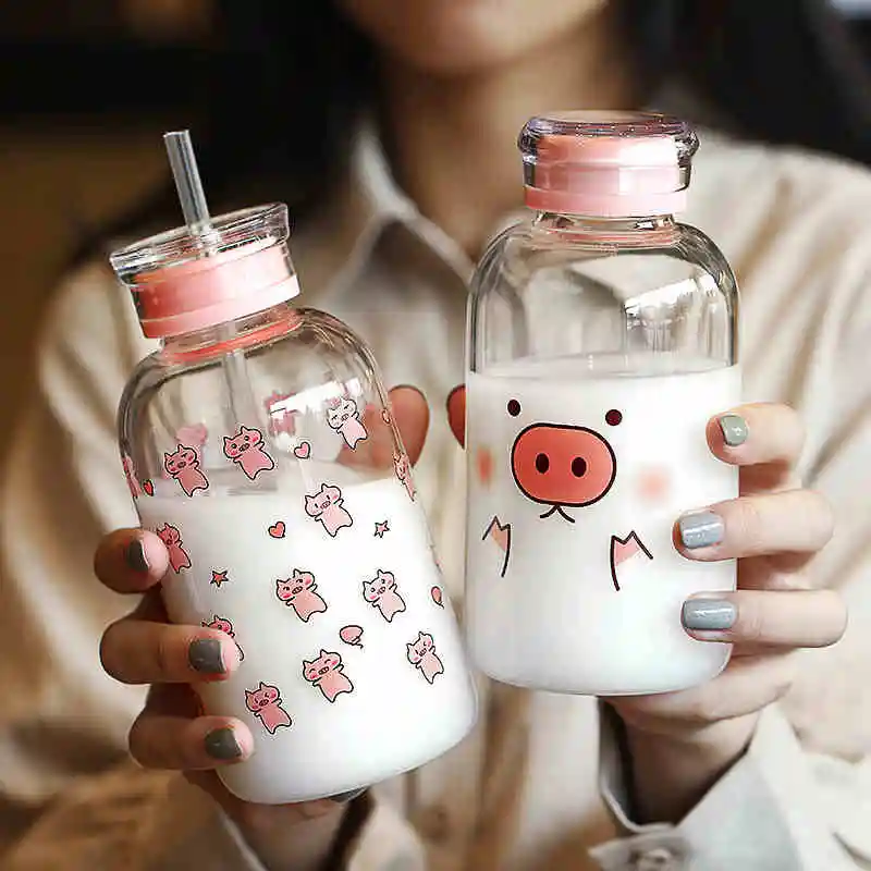 Бутылка для воды Kawaii Pig 450 мл стеклянная с соломинкой Мультяшные модные милые