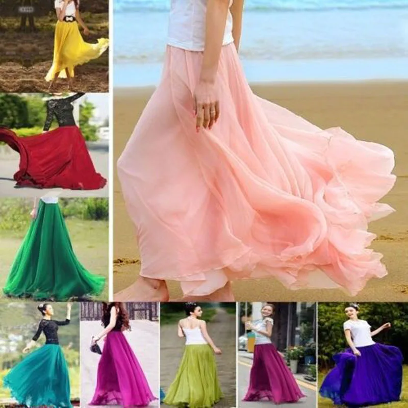 Brand New Women Boho Double Layer Maxi Dress Chiffon Long Sundress Summer Lady Beach Chiffon Solid Skirt