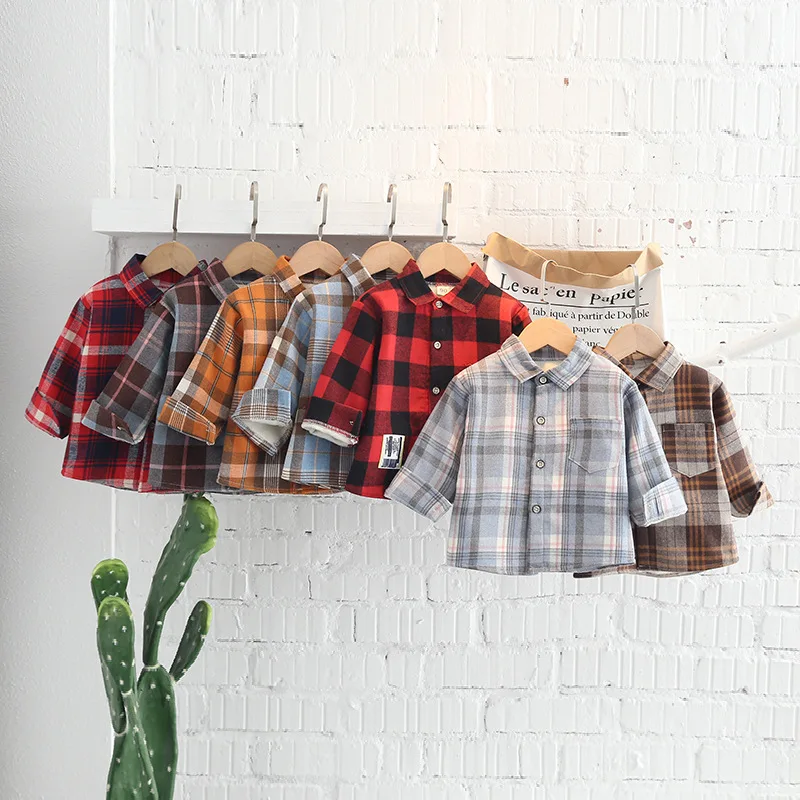 

Baby Winter Plaid Shirts Fleece Thicken Warm Infant Boy's Shirt Fashion All-match Long Sleeve Newborns Boys Girls Blouse Tops
