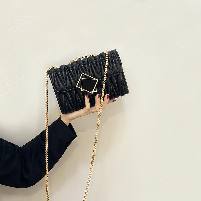 

Chain Pleated Black Pu Leather Crossbody Bags for Women 2021 Small Shoulder Simple Special Lock Design Female Travel Handbags