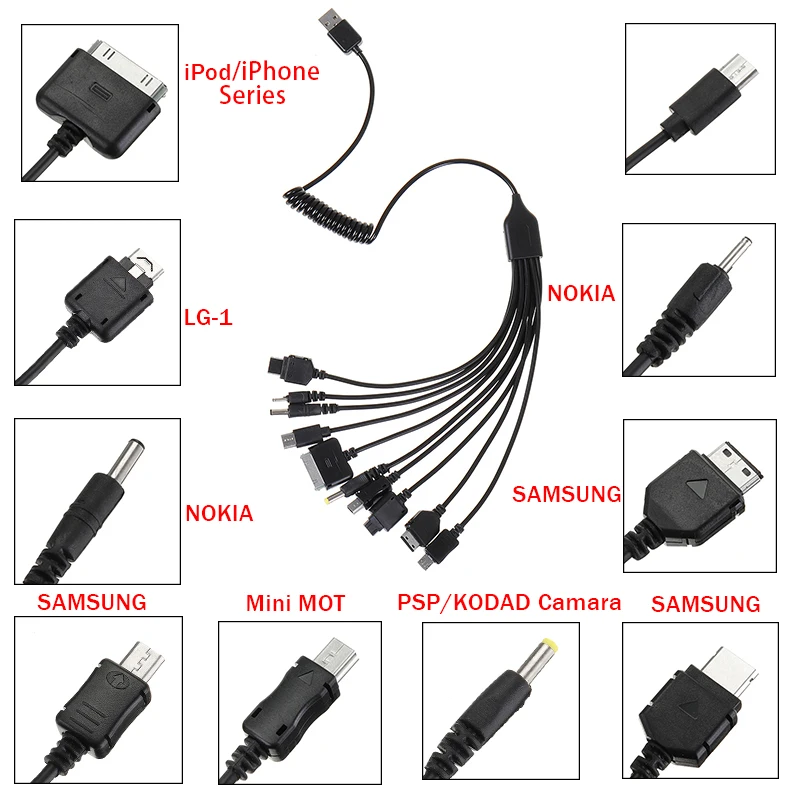 Портативный 10 в 1 Универсальный легкий многофункциональный Стандартный USB зарядный кабель совместим с большинством брендов телефонов