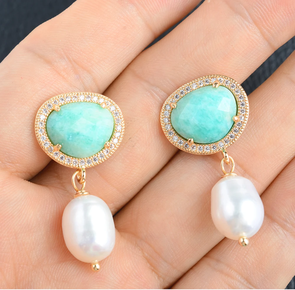 

2 Pairs White Rice Pearl Green A1mazonite Cz Pave Earrings