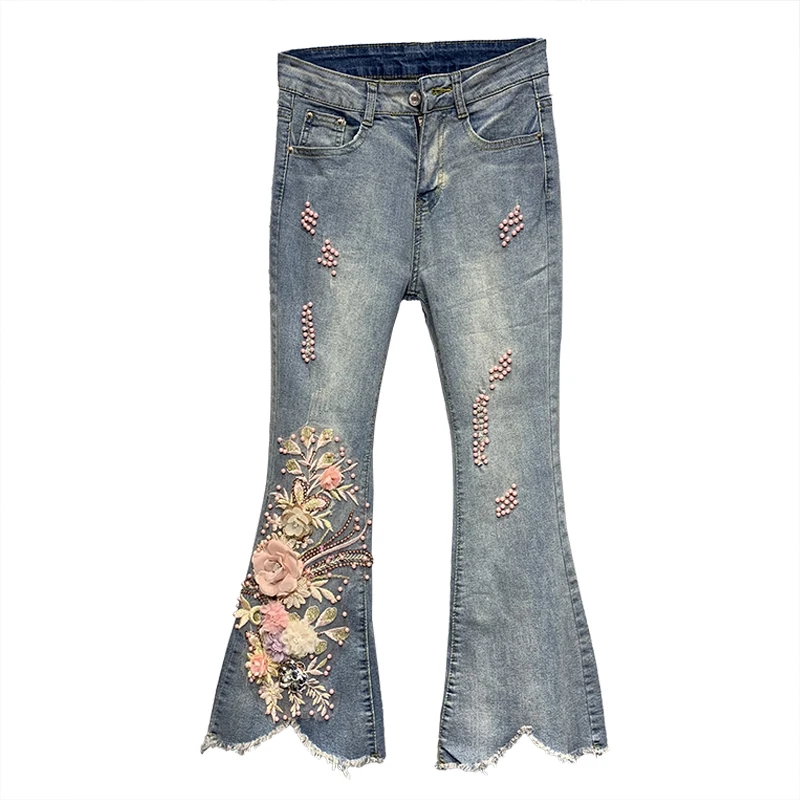 

High Waist Jeans Women New Fashion Slimming Beads Trumpet Capri Pants Girl Students Bell-bottom Pants Ropa Mujer Verano 2020