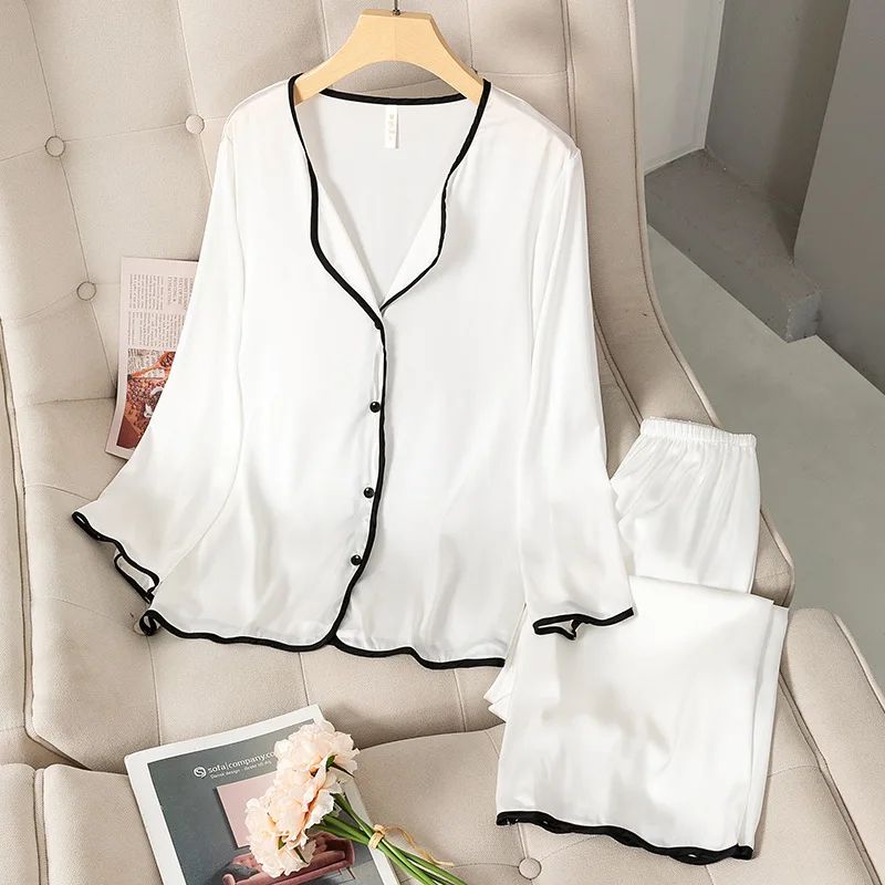 

Satin Pajamas Women Shirt&Pants Casual Nightwear 2021 Spring New Sleepwear Two Piece Set Faux Silk PJS Intimate Lingerie