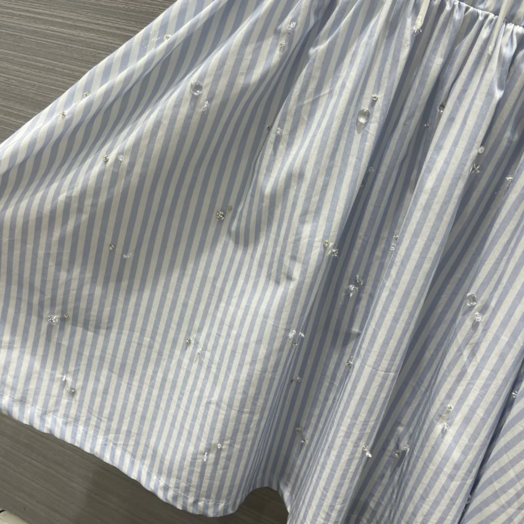 

Pastoral Style Striped Dress for Women 2021 Summer New Embroidery V-neck Puff Sleeve Loose Dresses Fashion Nail Bead Dress Lady