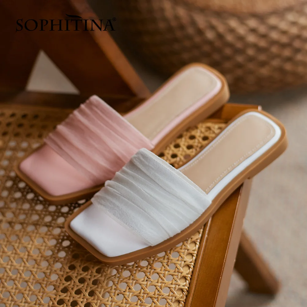 

SOPHITINA Slippers Women Summer Pink Concise Commute Outside Genuine Leather Female Slippers Casual Slides Flat Lady Shoes WO81