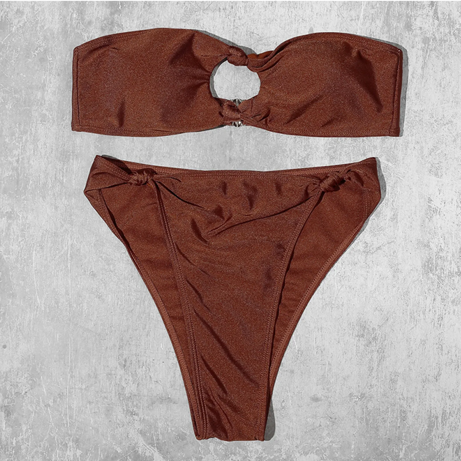 

Women Sexy Bikini Solid Color Tube Top Knotted Swimsuit Split Swimsuit Two-pieces High-Waisted Bikini Set Summer Bathing Suit