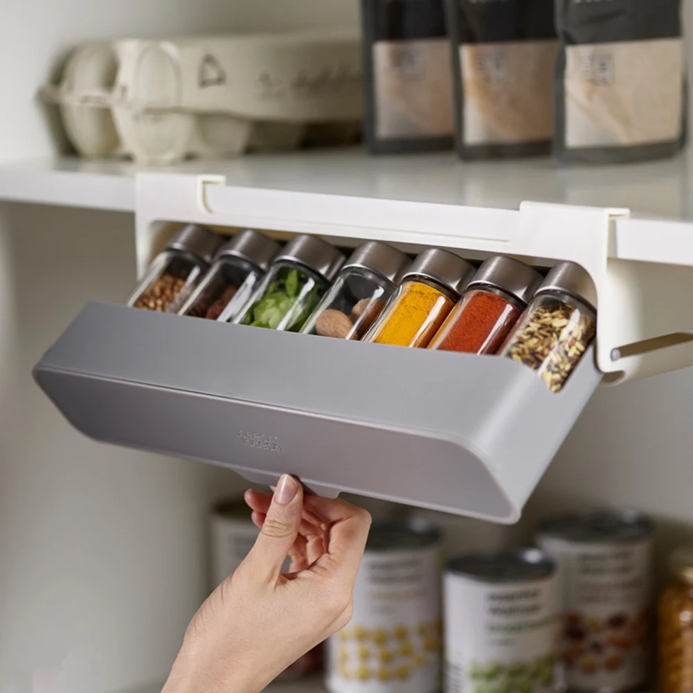 

Home Kitchen Self-adhesive Wall-mounted Under-Shelf Spice Organizer Spice Bottle Storage Rack Kitchen Supplies Storage In Stock
