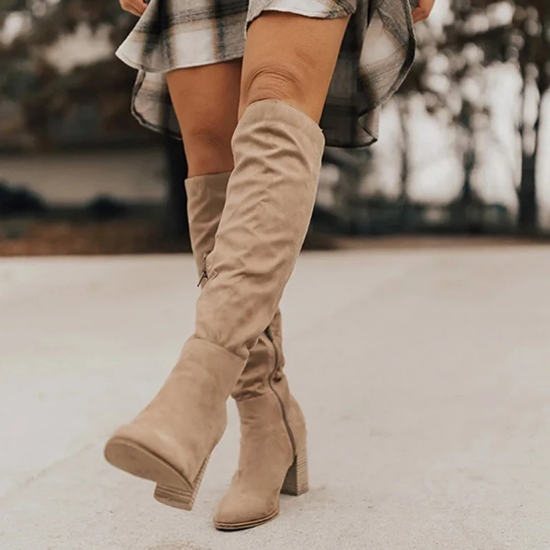beige 2 HEFLASHOR Women Over The Knee High Boots Slip on Winter Shoes Thin High Heel Pointed Toe All Match Women Boots Size 35-43 - Цвет: beige 2