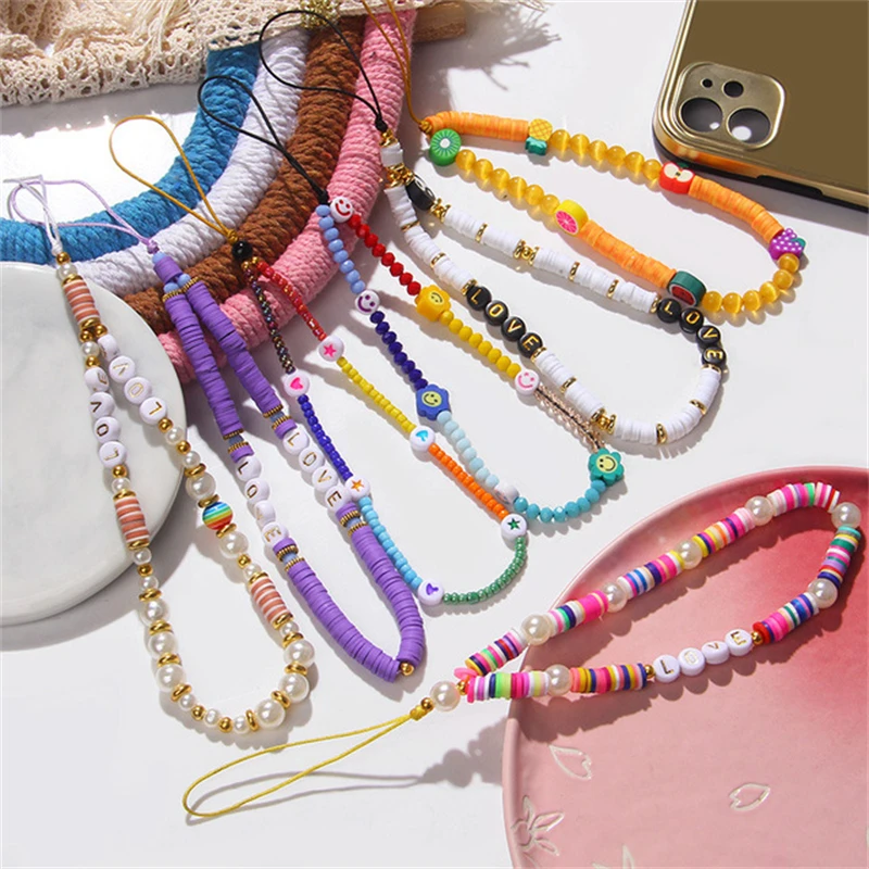 

Trend Color Soft Clay Letters Round Rice Beads White Imitation Pearl Multi-Element Mobile Phone Chain Women's Accessory Jewelry