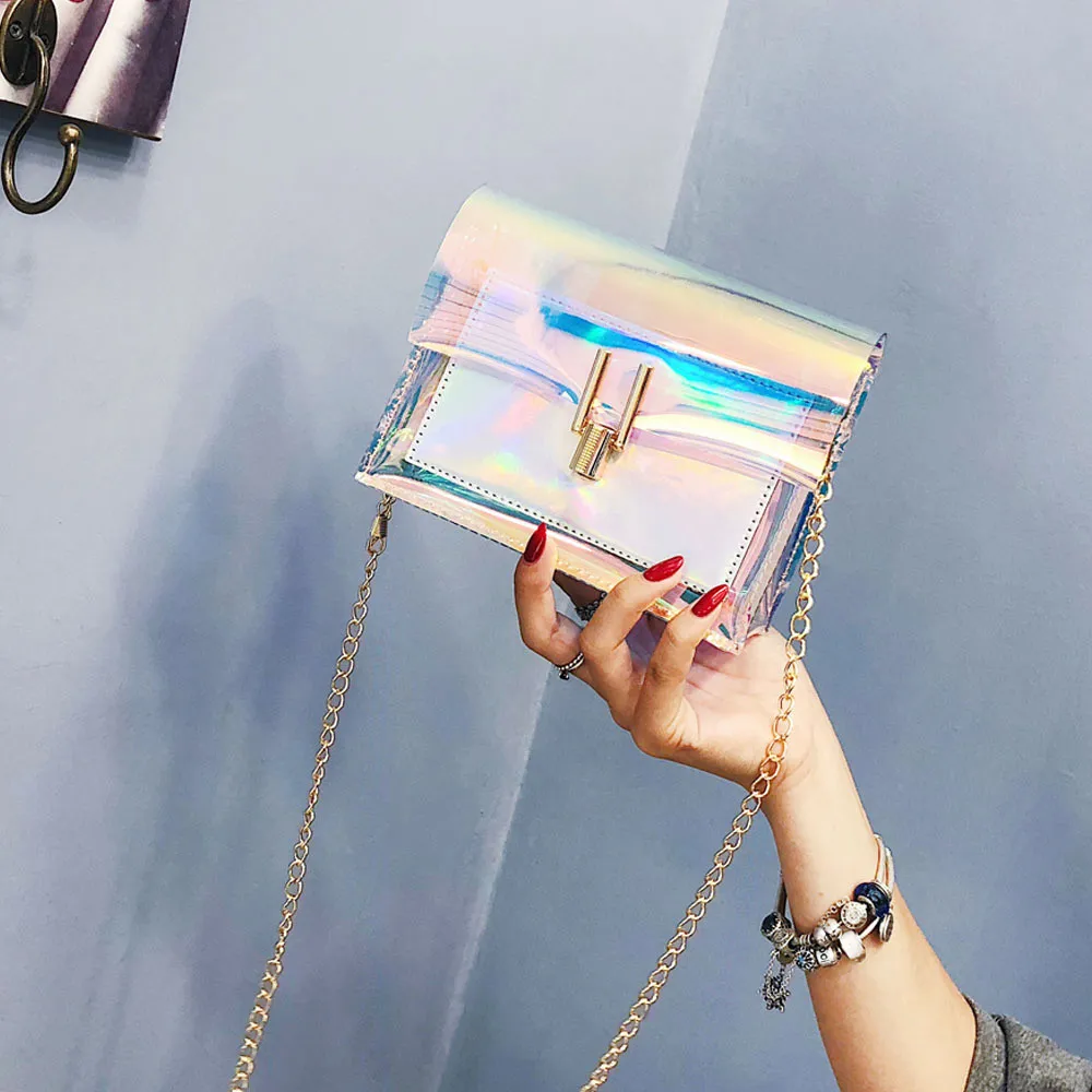 

2021 Women Transparent Bag Clear PVC Jelly Small Tote Messenger Bag Laser Holographic Shoulder Bag Female Lady Sac Femme chainQ4