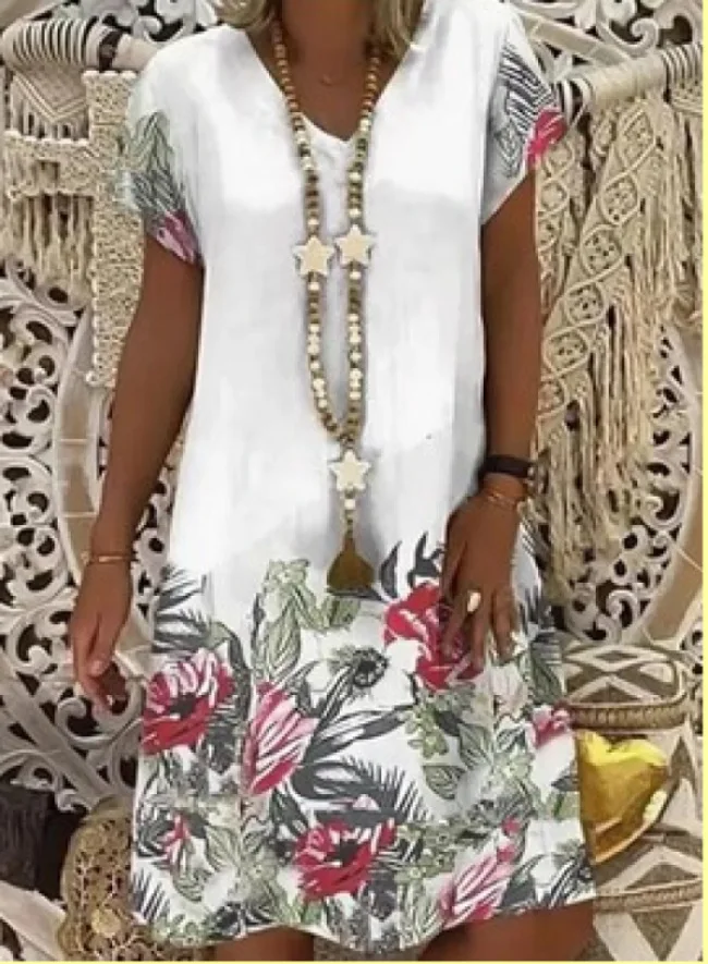 

Vintage V-neck Floral Print Party Dress Boho Women Spring Summer Short Sleeve Dress Elegant Plus Size loose Casual Dresses