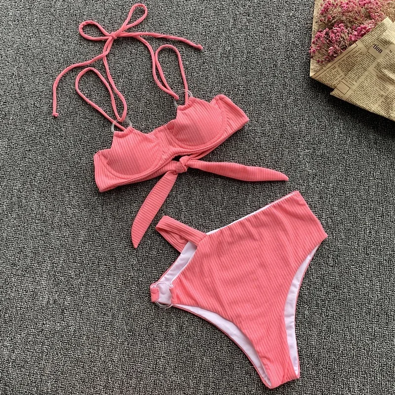 

High Waist Bikini Women Ribbed Swimwear 2019 Vintage Push Up Swimsuit String Bathing Suit Two-piece Suit Swimming Suit New