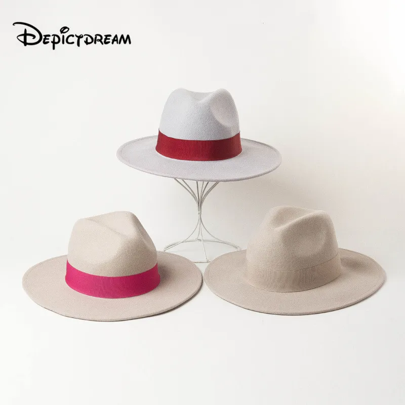 Autumn Winter Fashion Exquisite Wool Simple Color Multicolored Decorative Ribbon Matching Design Wide Fedoras Hats for Women Men