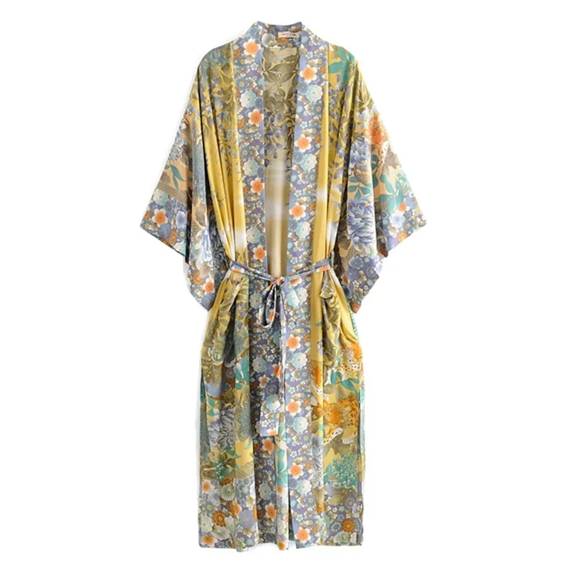 

2020 Bohemian V Neck Tiger Flower Print Long Kimono Shirt Ethnic New Women Lacing Up Bow Sashes Long Cardigan Loose Blouse Tops