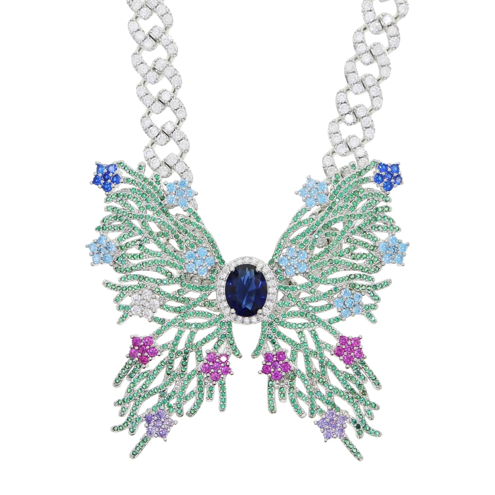 

luxury big butterfly pendant charm with rainbow colorful cz paved hip hop women choker necklace with 10mm miami cuban link chain