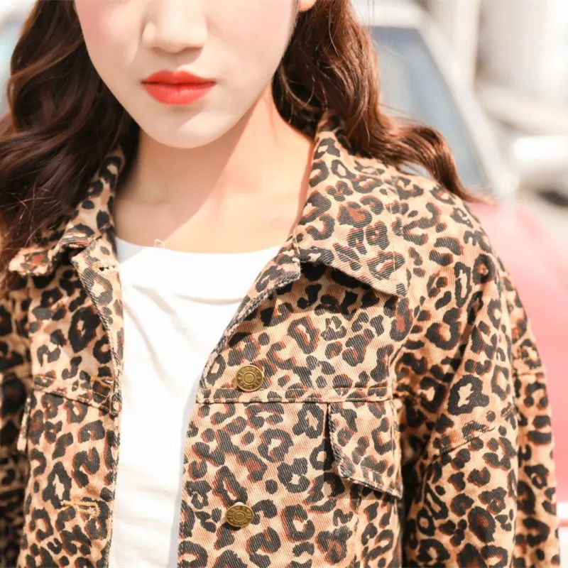 

Leopard print jean jacket spring autumn loose cotton outwear oversized streetwear denim coat women short women's denim jacket