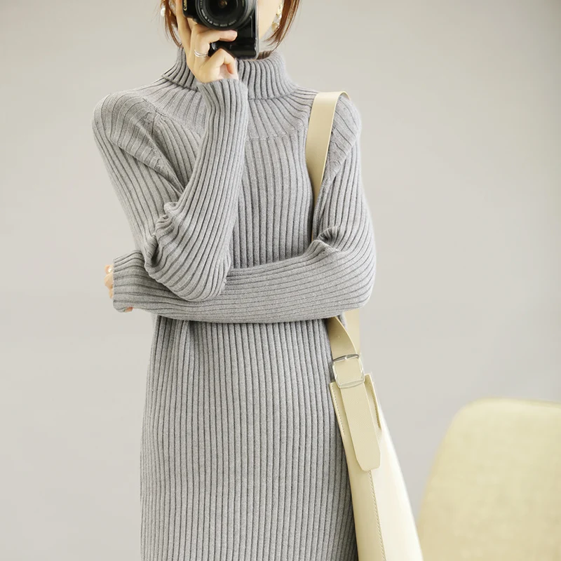 Wide strip long sweater skirt knit base thickening with coat 2019 autumn and winter models high collar elastic warm | Женская одежда