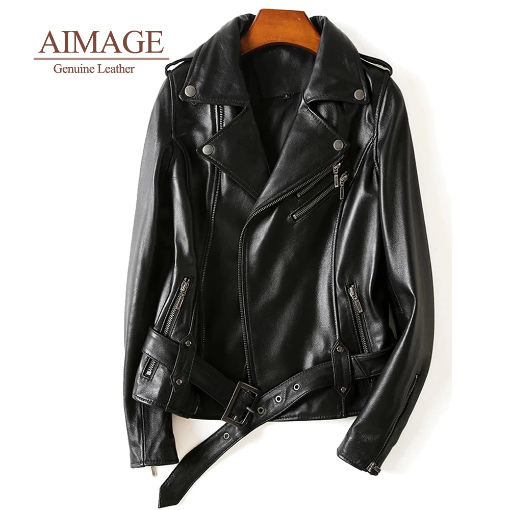 women real genuine leather korean trend rivet куртки из натуральной кожи zipper chic jackets with belt 정품가죽 high quality PY033