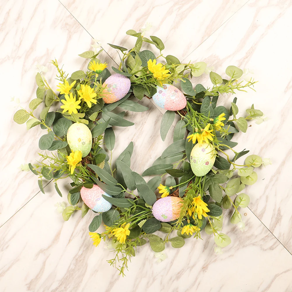 

16inch Party Home Decor Wedding Artificial Festival Green Leaves Colorful Eggs Spring Hanging Easter Wreath For Front Door Twigs