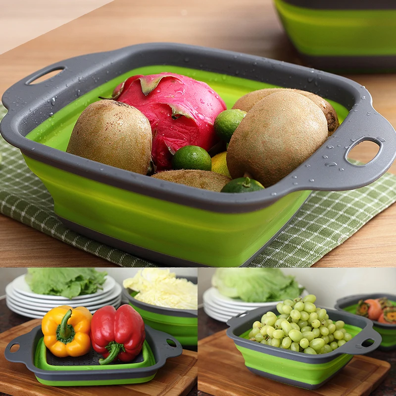 Square Silicone Foldable Fruit Vegetable Washing Basket Strainer Colander Collapsible Drainer With Handle Kitchen Tools | Дом и сад