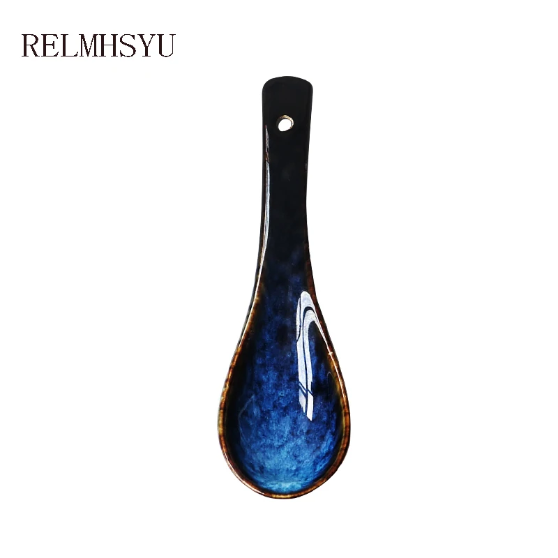 

RELMHSYU Japanese Style Deep Blue Kiln Change Rice Soup Spoon Underglaze Dessert Dinner Spoon Restaurant Tableware