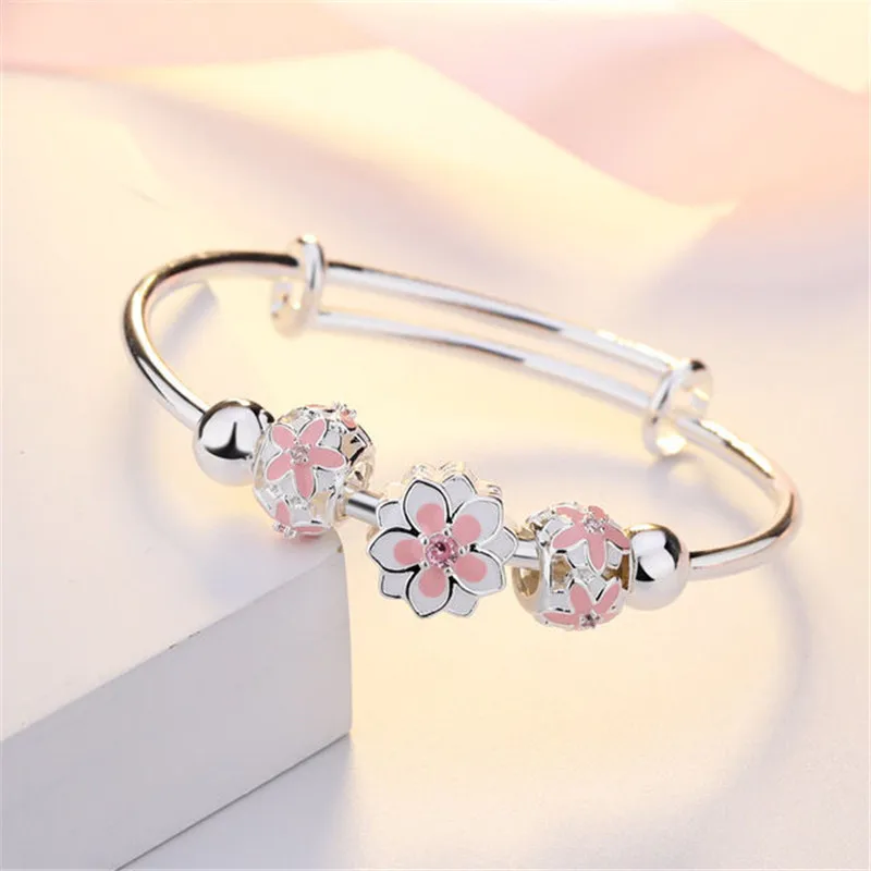 

2021New Cherry Blossom Love Women's Bracelet 925Silver Fashion Simple Design Push Pull Adjustment Bracelet Jewelry Birthday Gift