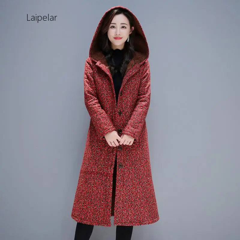 

Hooded Thicken Fleece Warn Winter Coat Print Floral Single Breasted Cotton Outerwear Jakcet Coat Women Casual Winter Coat