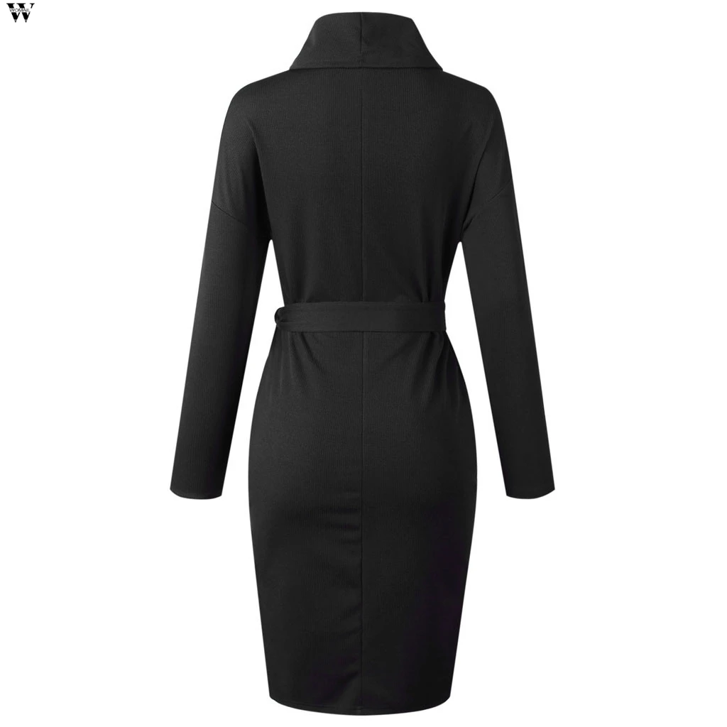 Женское осеннее платье с длинным рукавом и высоким воротником однотонное серое