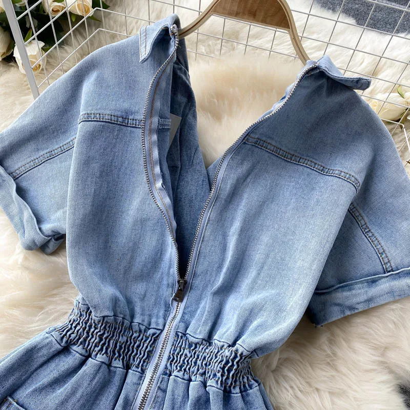 

Jeans Playsuits Women Short Sleeve Notched Collar High Elastic Waist Wide Leg Denim Shorts Jumpsuits Vintage Casual Clothing