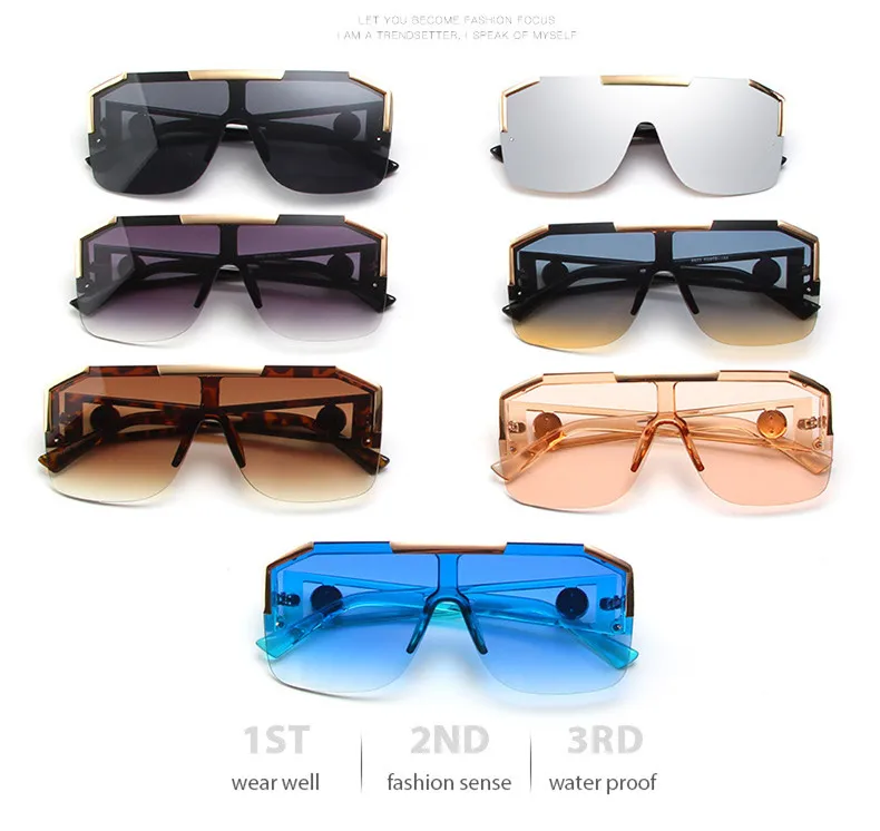 

2021 Fashion Luxury Brand Oversized Square Sunglasses Men Women Vintage Metal Big Frame Semi-Rimless One Lens Sun Glasses UV400