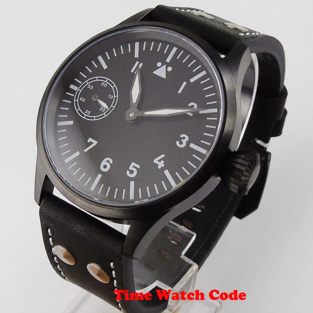 

CORGEUT 43mm Black PVD Coated Hand-Winding Men's Wristwatch 6497 Black Sterile Dial black leather strap brushed case