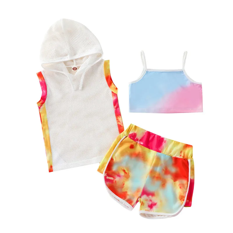 

Комплект одежды из 3 предметов для детей костюм, набор, лето галстук-окрашенная без рукавов, куртка с капюшоном + жилетка + шорты; Вышитые цвет...