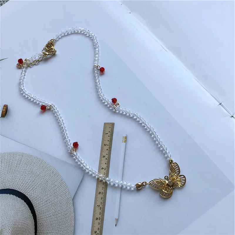 Korean fashion butterfly pendant necklaces for women cute transparent beads chain statement necklace jewelry girl party gift | Украшения и