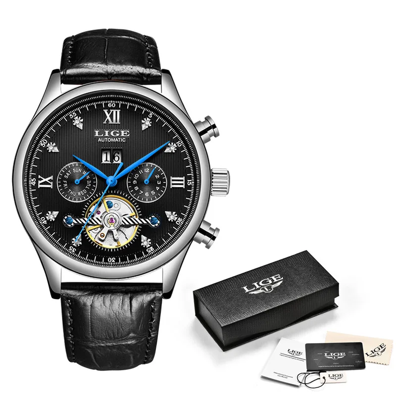Silver balck LIGE, Брендовые мужские часы, автоматические механические часы, Tourbillon, спортивные часы, кожаные, повседневные, деловые, наручные часы, золотые, Relojes Hombre - Цвет: Silver balck