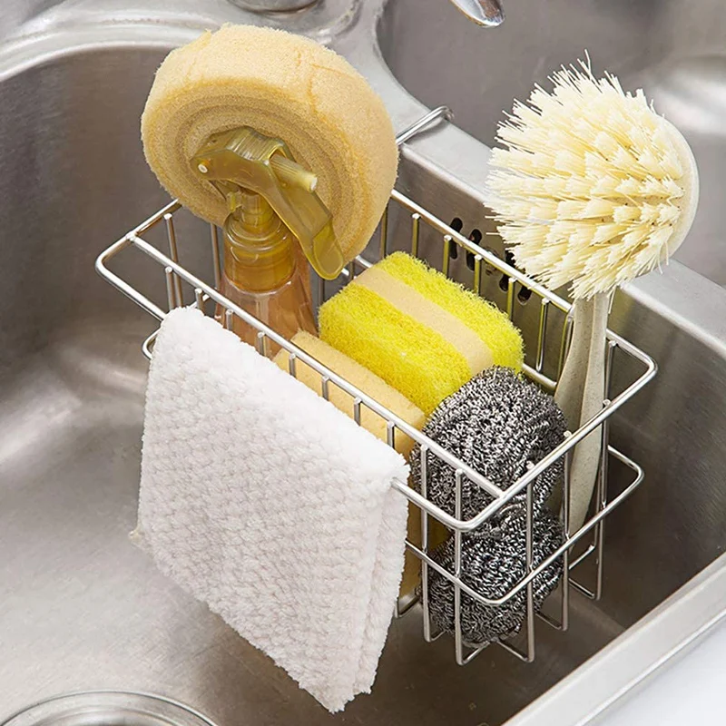 

Kitchen Sponge Holder+Dish Cloth Hanger, Brush Dishwashing Liquid Drainer Rack, Stainless Steel Rust Proof Water Proof