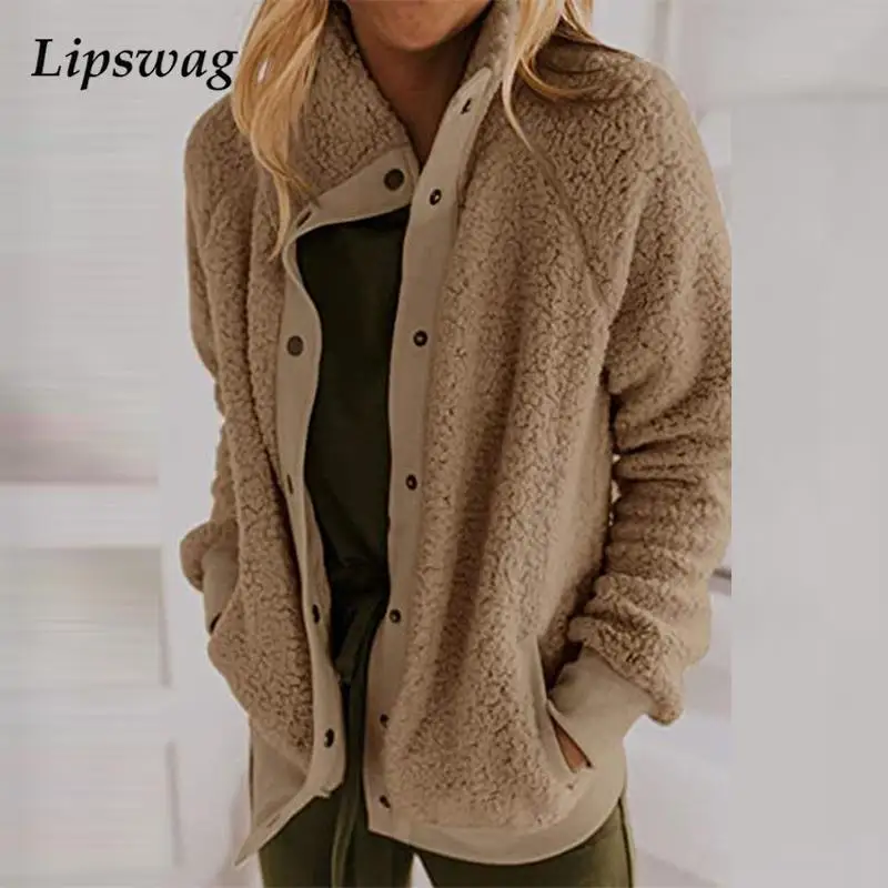 

Куртка женская пушистая на пуговицах, элегантная уличная модная Свободная куртка с воротником-стойкой, повседневный Топ с длинным рукавом, ...