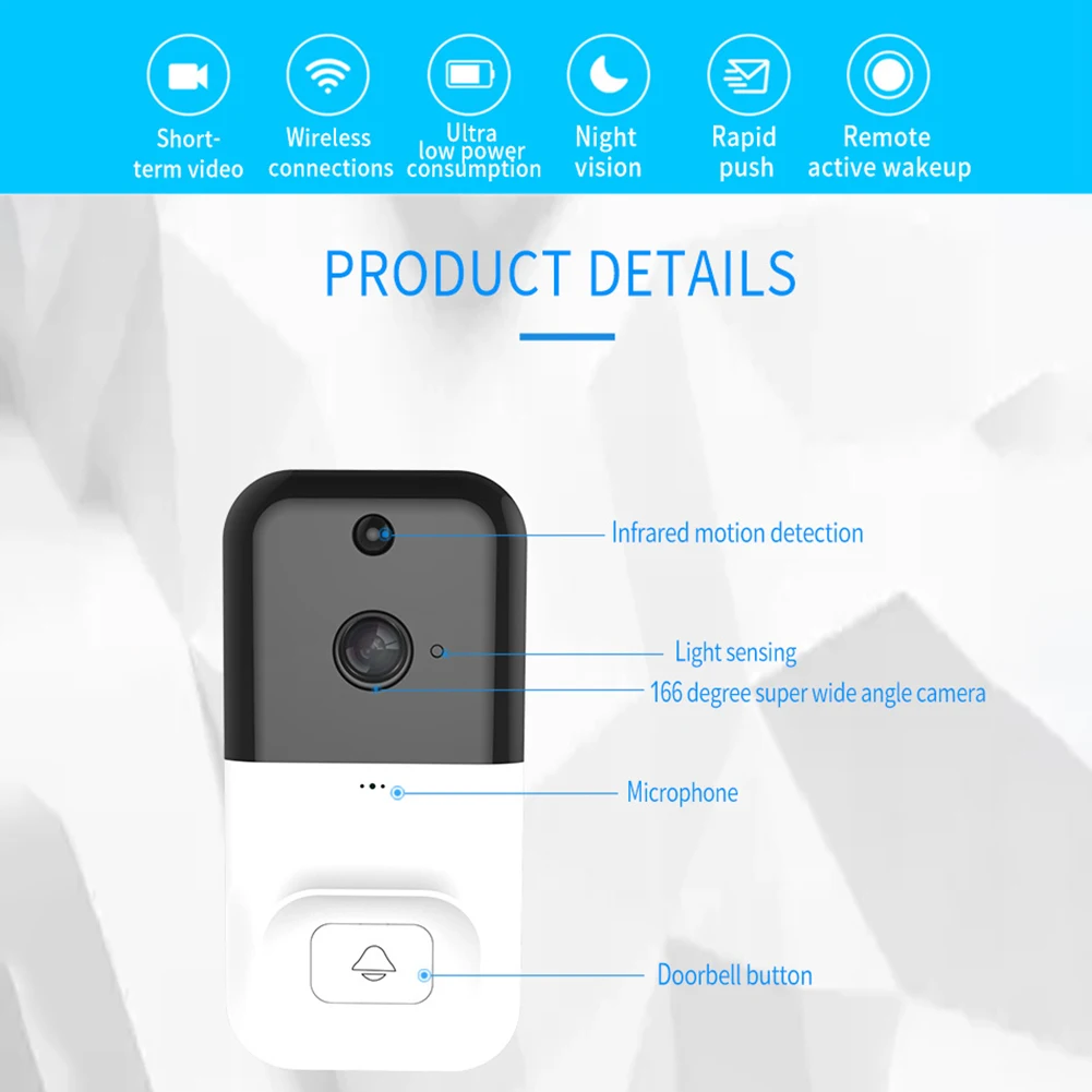 

Anti-theft Recording Phone Monitoring Night Vision Smart Home 1080P HD Wireless WiFi Video Doorbell Security ABS Battery Powered