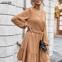 womens dresses with belt long sleeves mini dress female solid party evening elegant dress mujer vestidos femme high waist robes