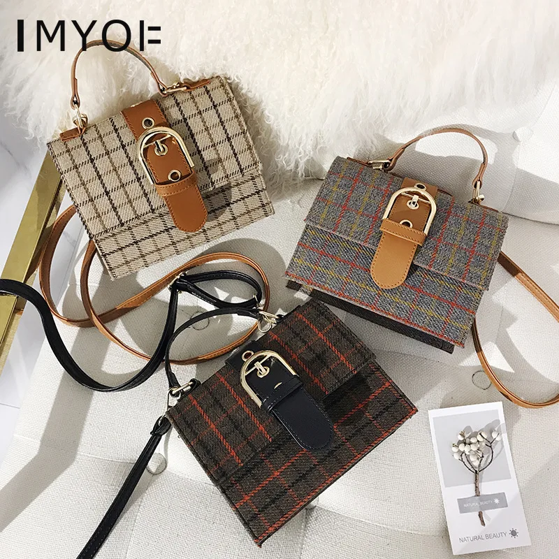 Винтажная женская сумка мессенджер шерстяная клетчатая из искусственной кожи