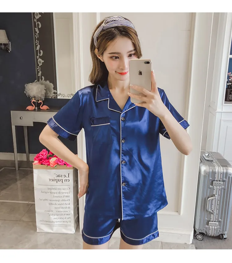 Home dress suit lady imitation silk short sleeve trousers pyjamas lady Summer ice silk  Plus size
