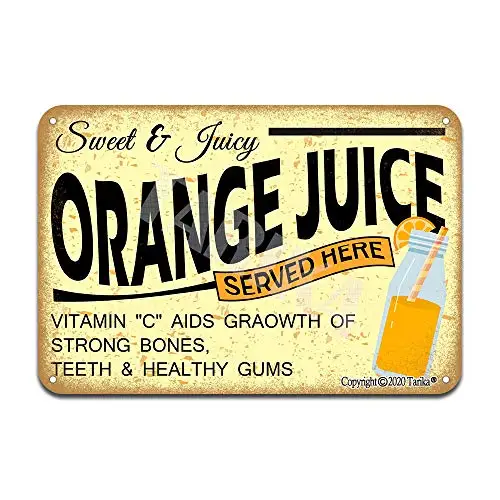 

Sweet & Juicy Orange Juice Served Here Iron Poster Painting Tin Sign Vintage Wall Decor for Cafe Bar Pub Home Beer Decoratio