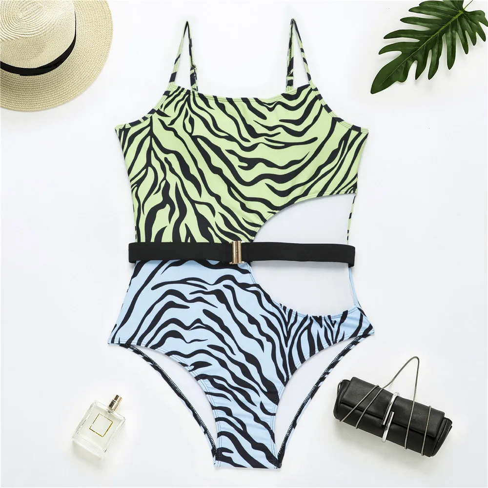 

Sexy Printed Cut Out Monokini One Piece Swimsuit Women Push Up Swimwear Waist Belt High Waist Bathing Suits Bather Beach Wear