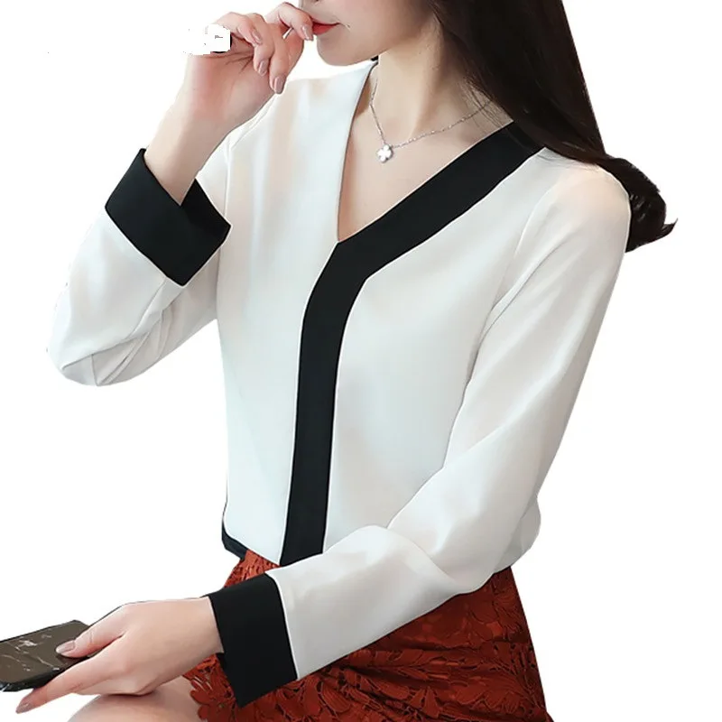 

2021 Spring And Summer New Women's Long Sleeve V-Neck Chiffon Top Fashionable Hong Kong Style Casual Shirt Blouses B092