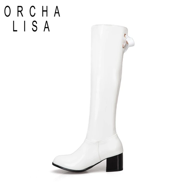 

ORCHALISA Woman's Knee High Boots Round Toe Block Heels Zipper Rubber Sole Plus Size 33-50 Ribbons Black White Red Winter S2684